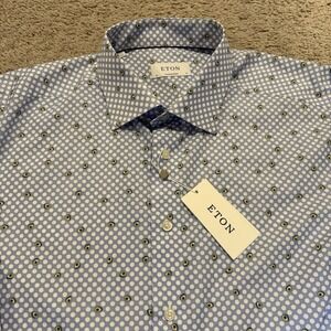 Eton Dress Shirt Mens 50/18 Blue Avocado Polka Dot AOP Button Up LS Slim NWT